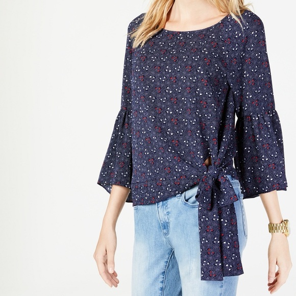 Michael Kors Navy Blue Floral Patterned Tie Front 3/4 Bell Sleeve Blouse Size XS - Picture 1 of 11